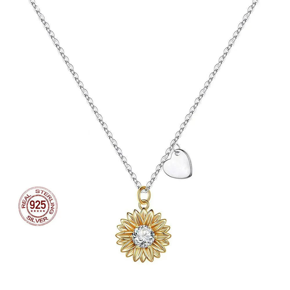 925 silver sunflower necklace with geometric daisy pendant on an adjustable cross chain