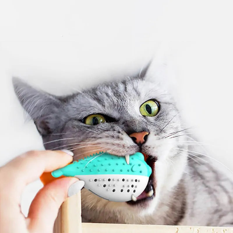 Mint Toys silicone fish-shaped cat chew toy for dental cleaning and play in assorted colours.