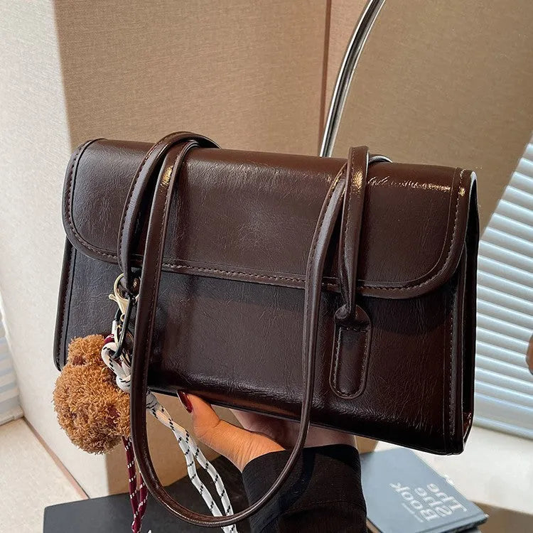 Brown women's PU leather Maillard shoulder bag with double straps and pendant accessory on horizontal square shape