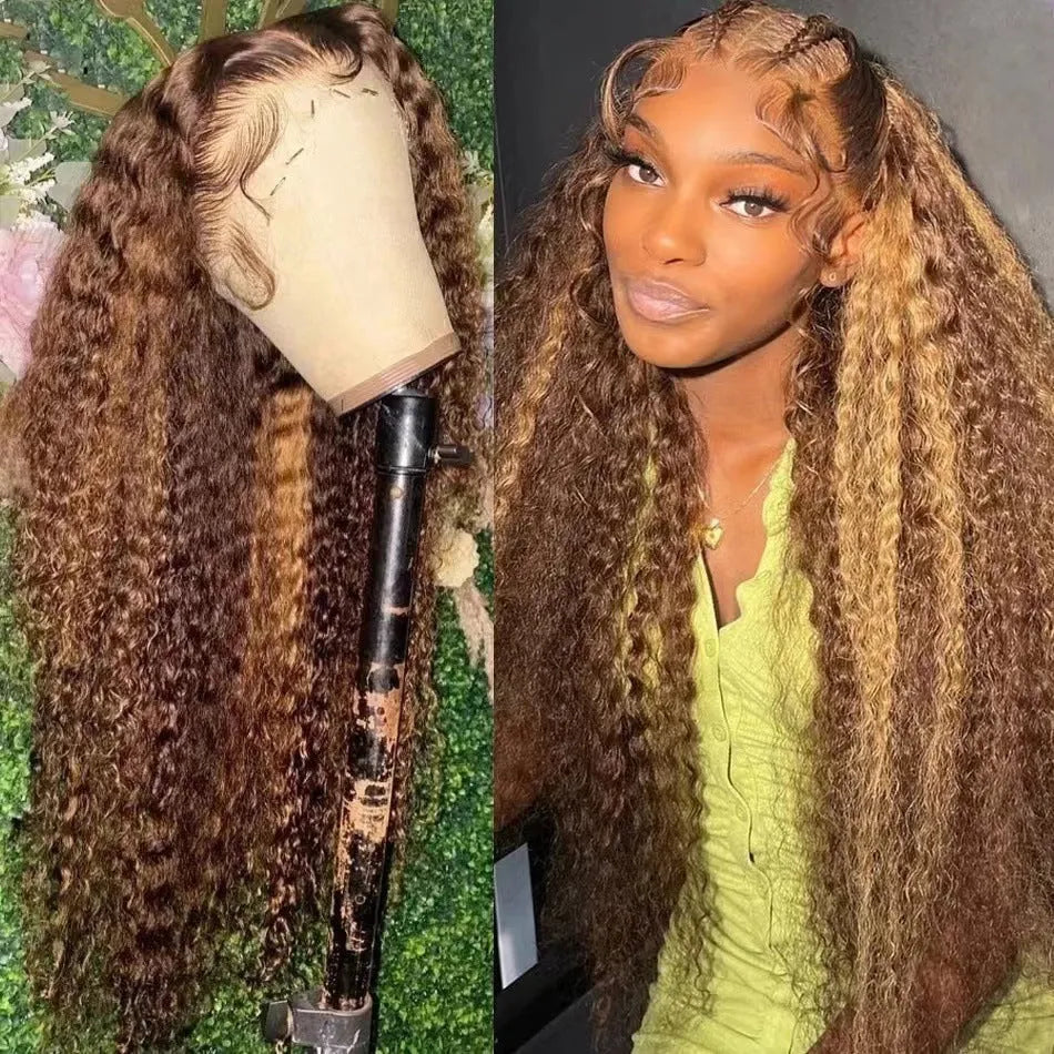 Front lace wig with big black waves, shown in medium curly and straight styles.