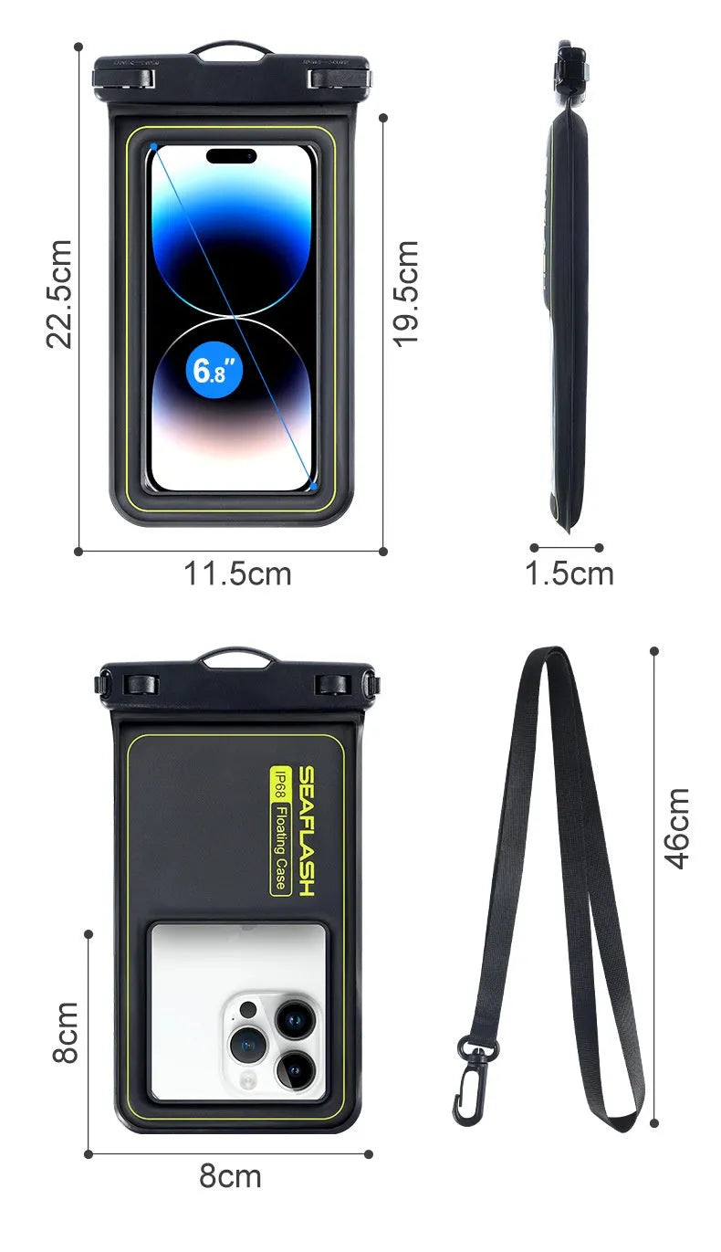 Floating PVC sponge waterproof phone bag for swimming, 6.8 inch capacity, solid colour, medium size