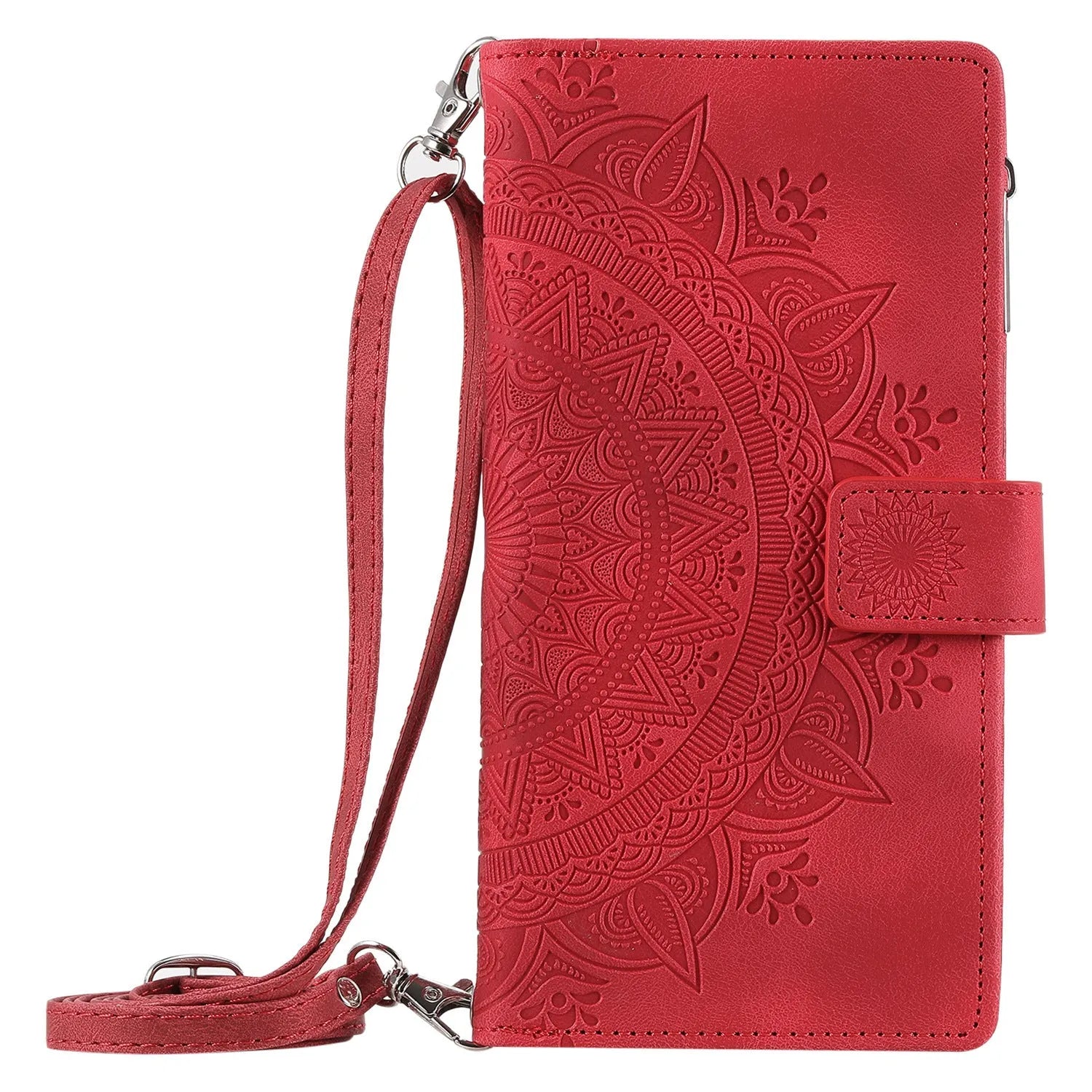 Multi-card embossed totem PU leather zipper bag phone case for iPhone, flip style, black, with card slots and zipper compartment.