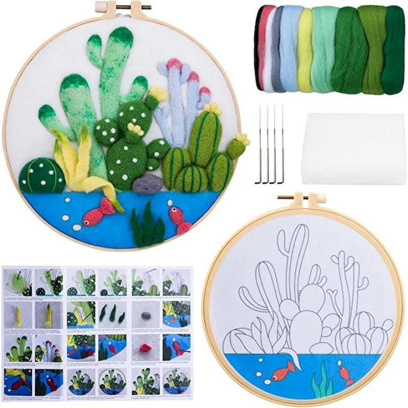 Round three-dimensional wool felt embroidery on linen with floral pattern in embroidery frame