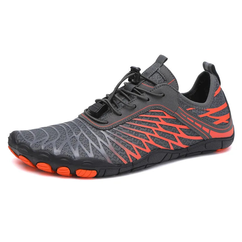 A pair of white outdoor casual lace-up shoes with a rubber sole on a plain background.