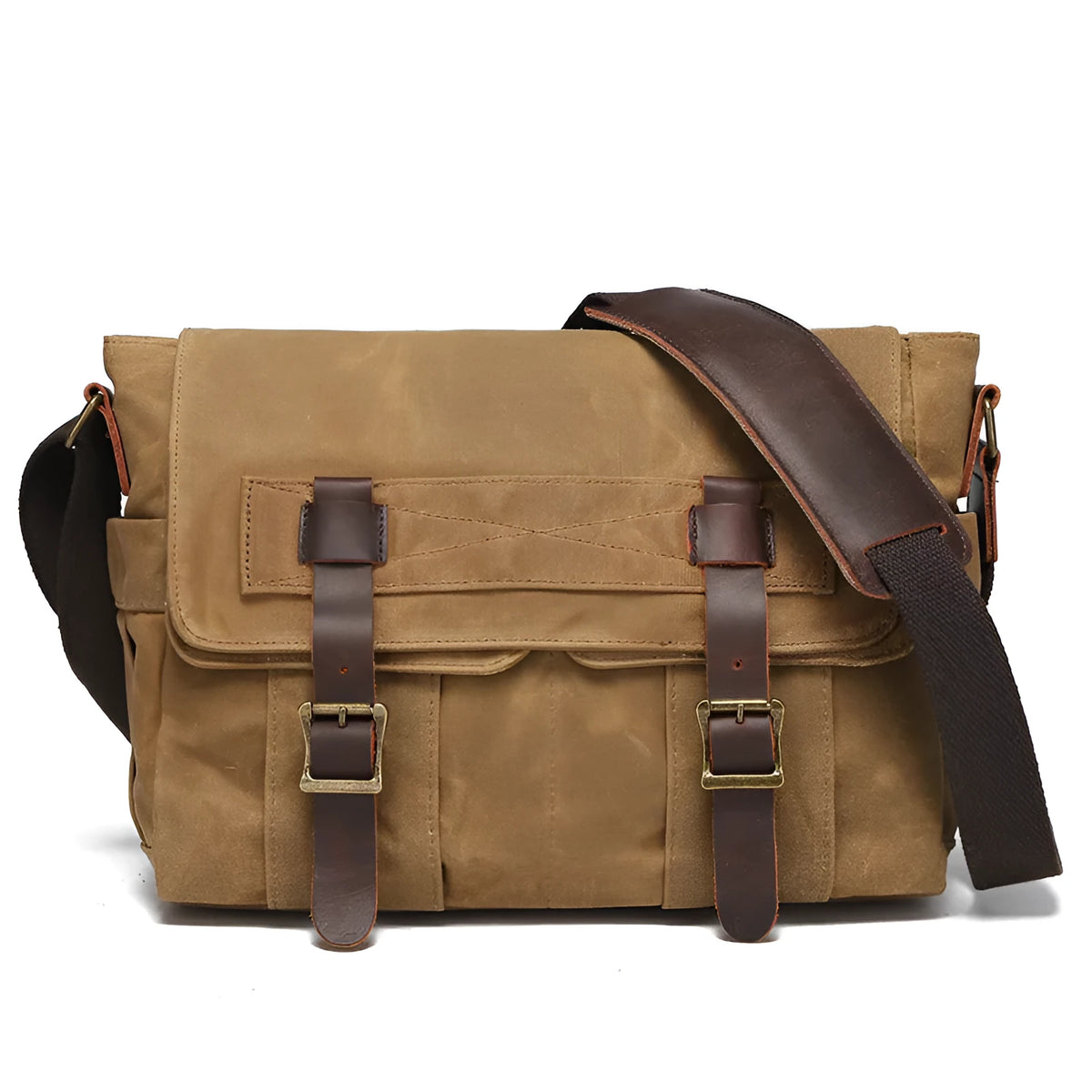 Water-repellent waxed camera shoulder bag in canvas and first layer cowhide leather with curved shoulder strap