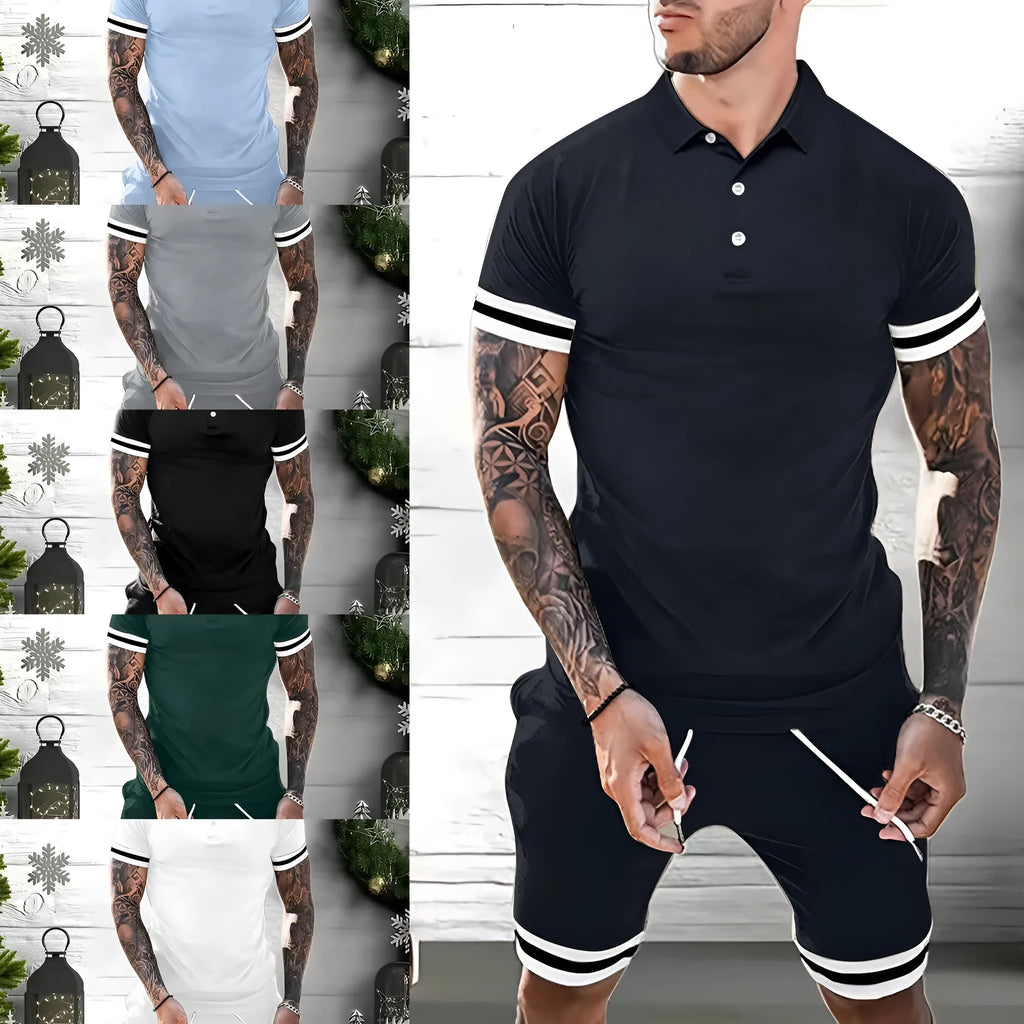 Mens summer short set with polo shirt and shorts in polyester, available in multiple colours