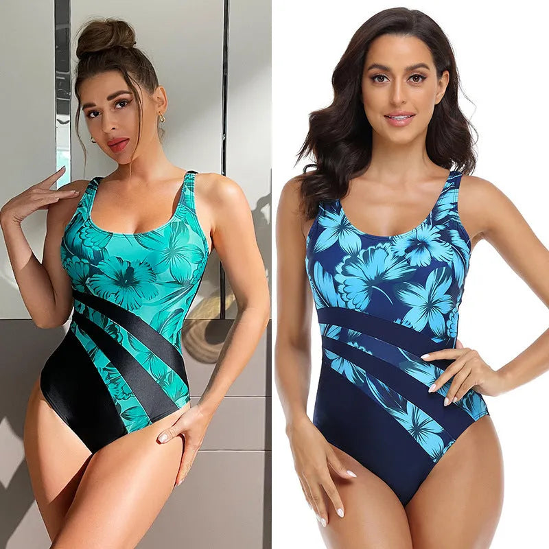 Green and blue printed women's one-piece swimsuit with conservative briefs style