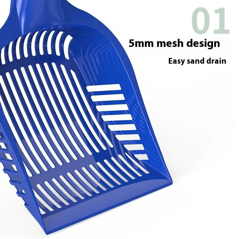 Red, yellow and blue plastic cat litter scoops in small and medium sizes for pet toilet cleaning