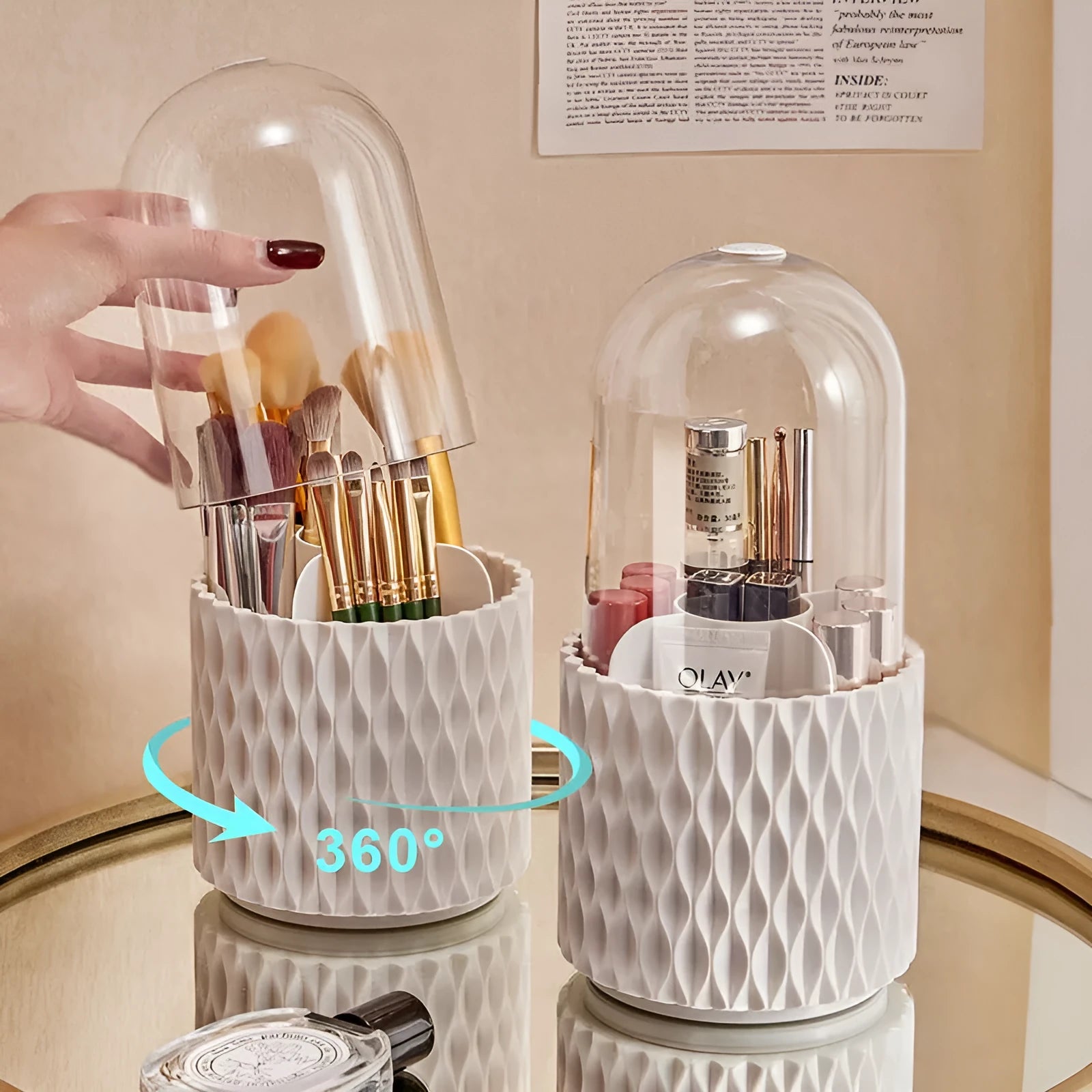 White transparent acrylic rotating makeup brush storage holder with dust-proof lid on desktop