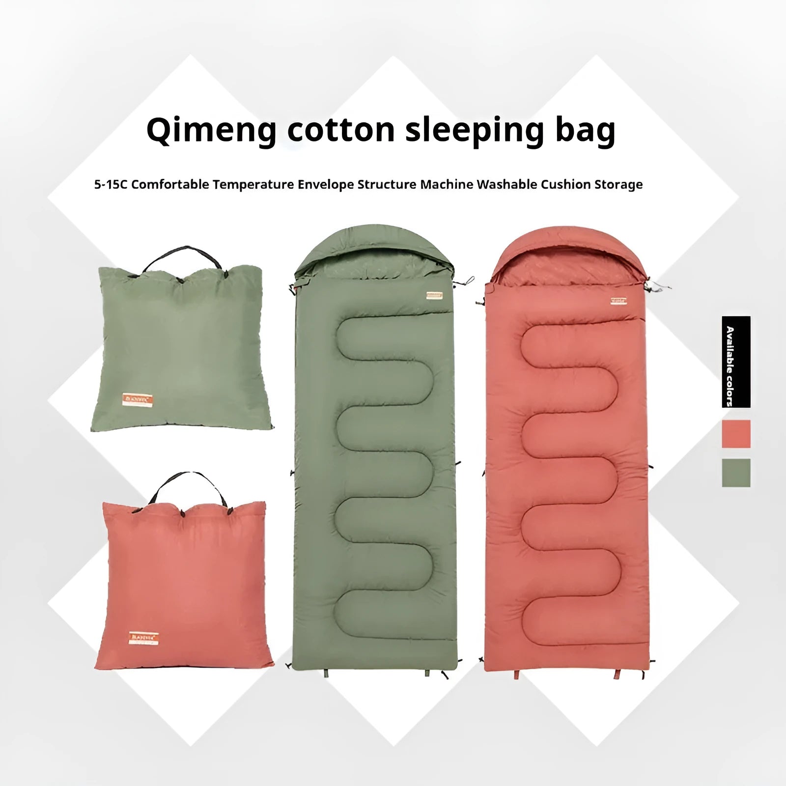 Ochre and olive green ultra-light cotton camping sleeping bag quilt rolled up.