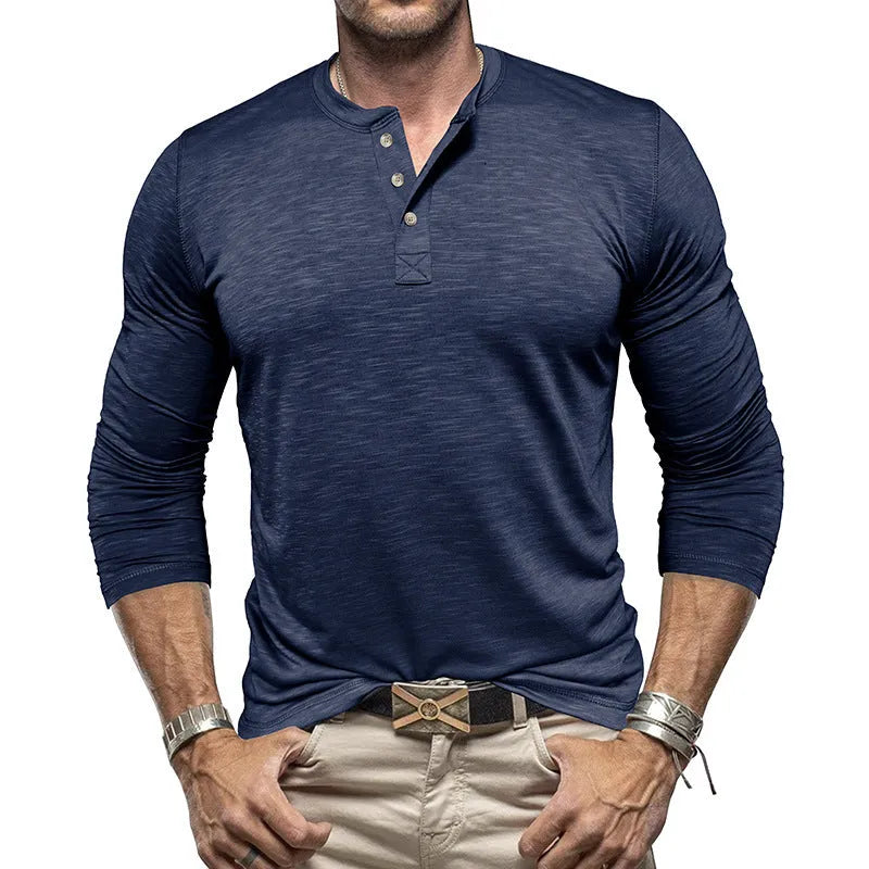 Men's long-sleeved henry collar T-shirt in slub cotton, regular fit, available in multiple colours, shown in army green