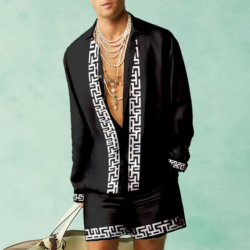 Slim fit long sleeve shirt and matching shorts casual summer set in polyester.