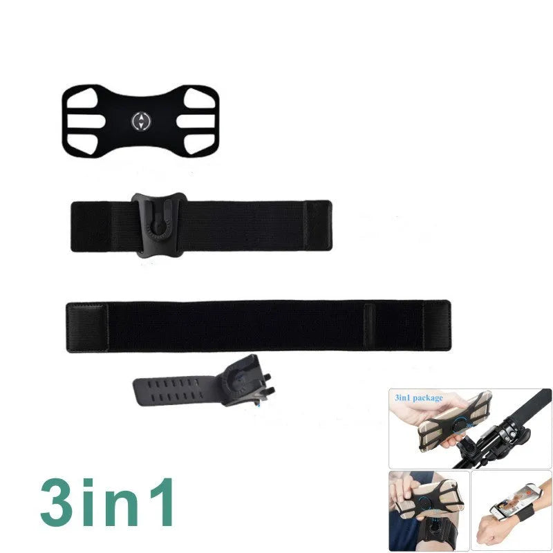 Black detachable swivel sports phone case with wrist strap, armband, silicone sleeve, and bicycle stand base