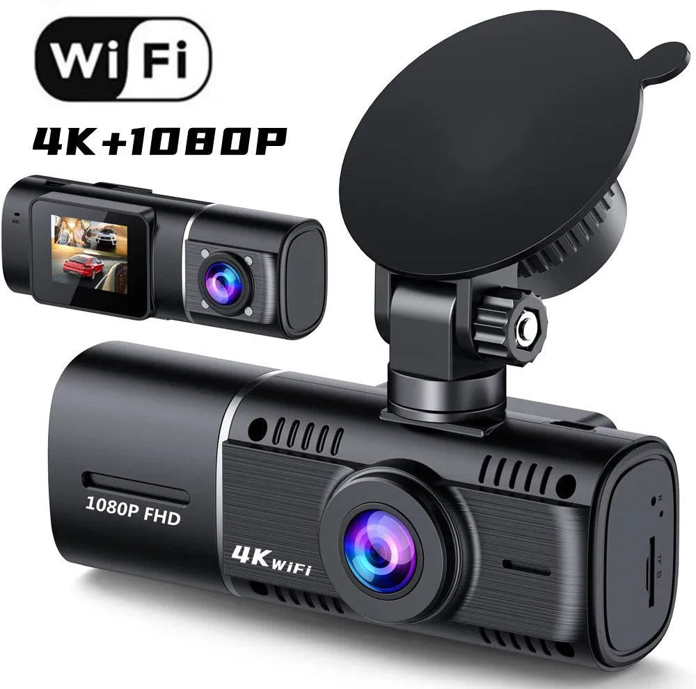 Black dash camera with dual lenses for front and rear recording, 1.5-inch screen, and car mounting stand