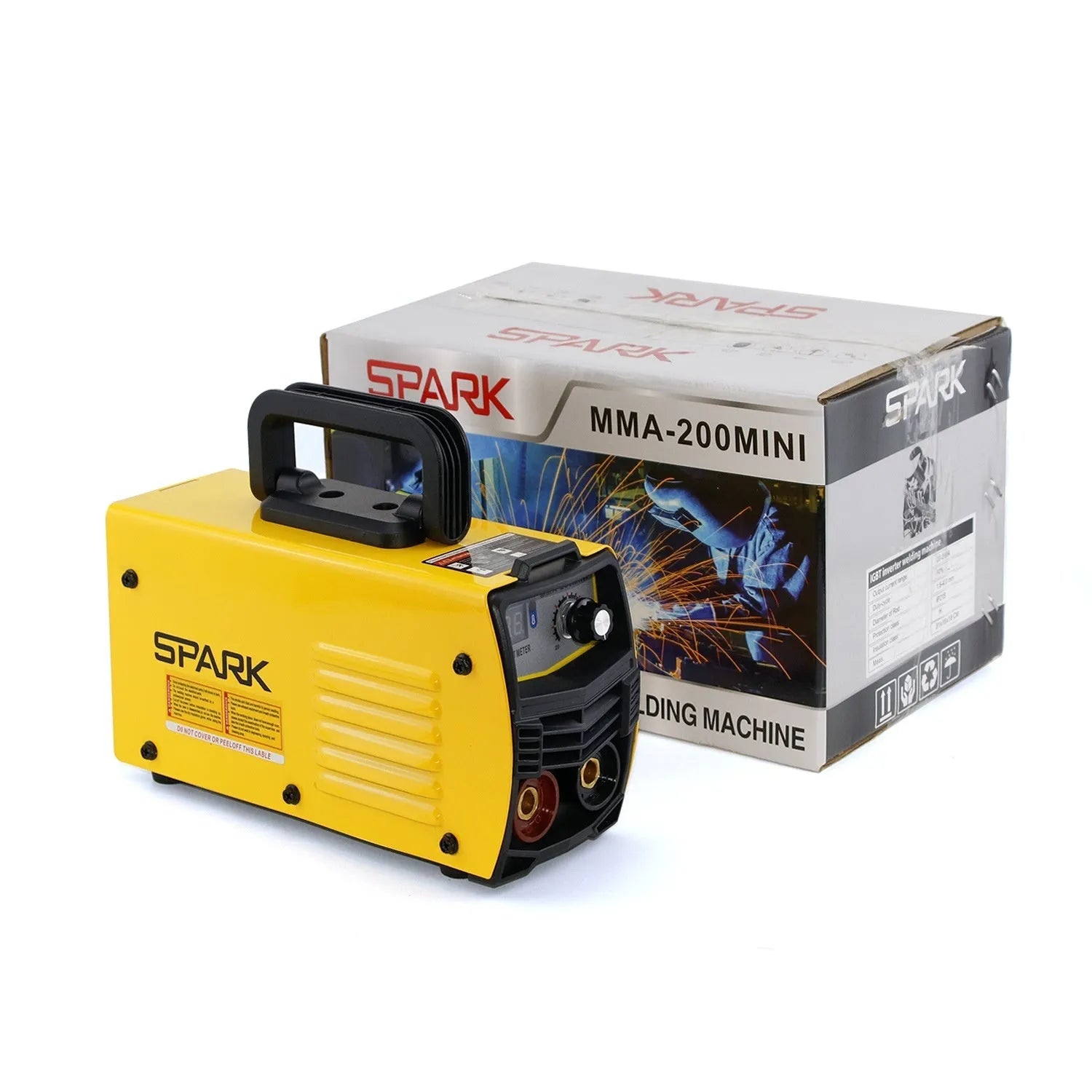 MMA-200MIN 220V DC inverter welding machine with welding tongs, ground clamp, face shield, and brush on hanger.