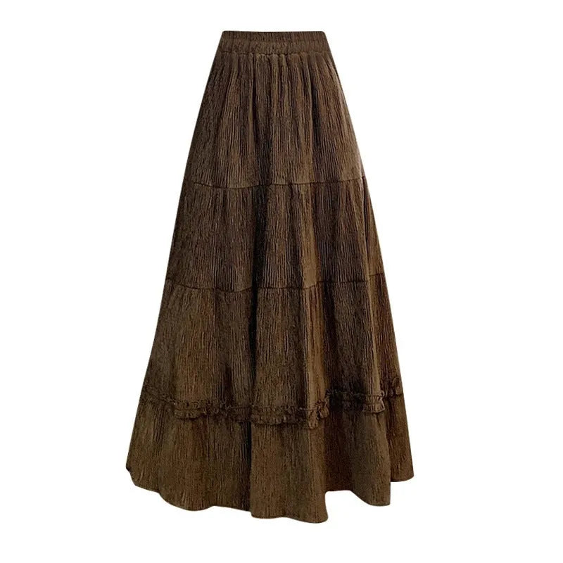 Slimming midi A-line corduroy skirt with elastic waistband in solid colour options for urban commuting