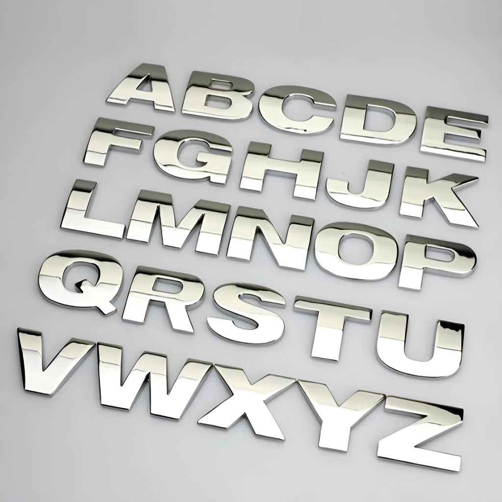 3D metal car bumper stickers showing individual English letters in zinc alloy construction