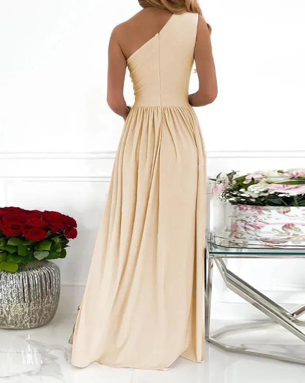 Women's one shoulder sleeveless maxi dress with high split cutout design in apricot colour