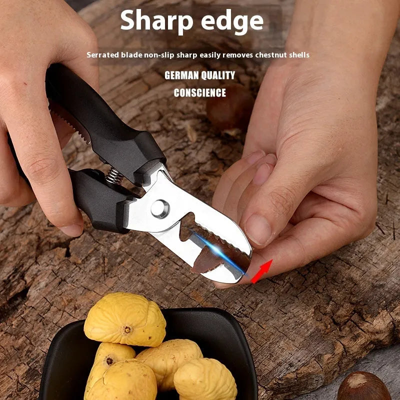 Pair of stainless steel chestnut opening scissors in black colour on white background