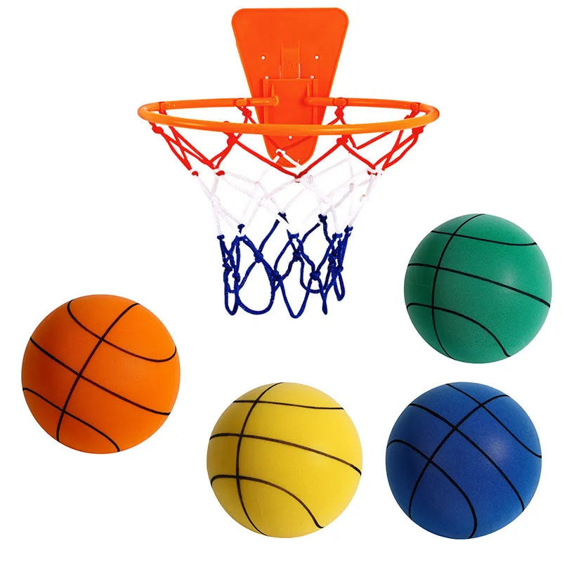 Silent foam indoor basketball toy in bright colours with soft elastic construction for safe indoor play