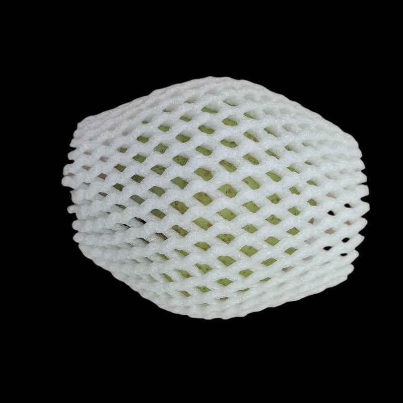 White foam net protective sleeve for apples and oranges, shown in various sizes.