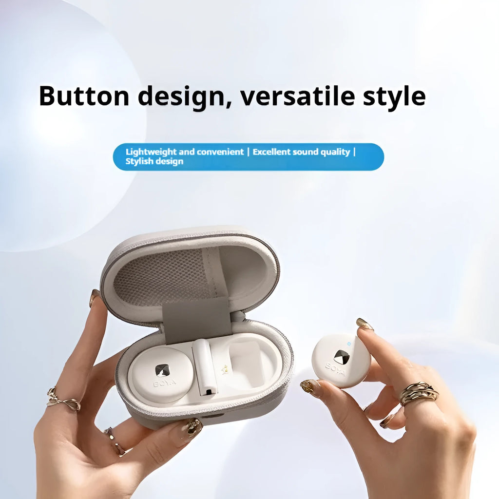 BOYA two-in-one collar clip wireless microphone in white with charging case and transmitters