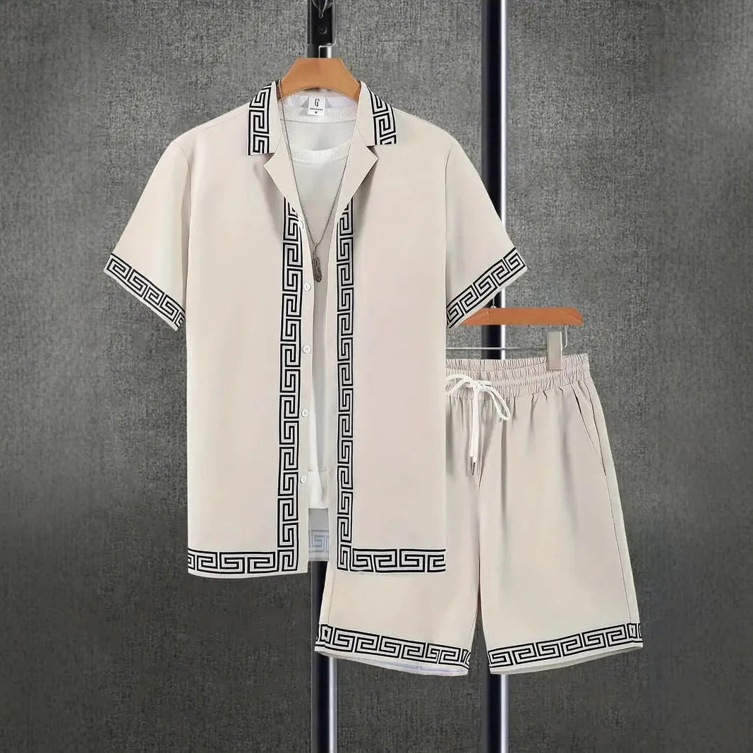 Men's printed short sleeve shirt and shorts summer casual leisure outfit