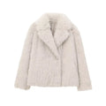 Women's white faux fur jacket with lapel collar and long sleeves shown on mannequin