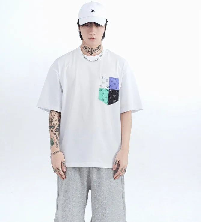 Men's loose cotton stripe printed short sleeve T-shirt pullover in black and white