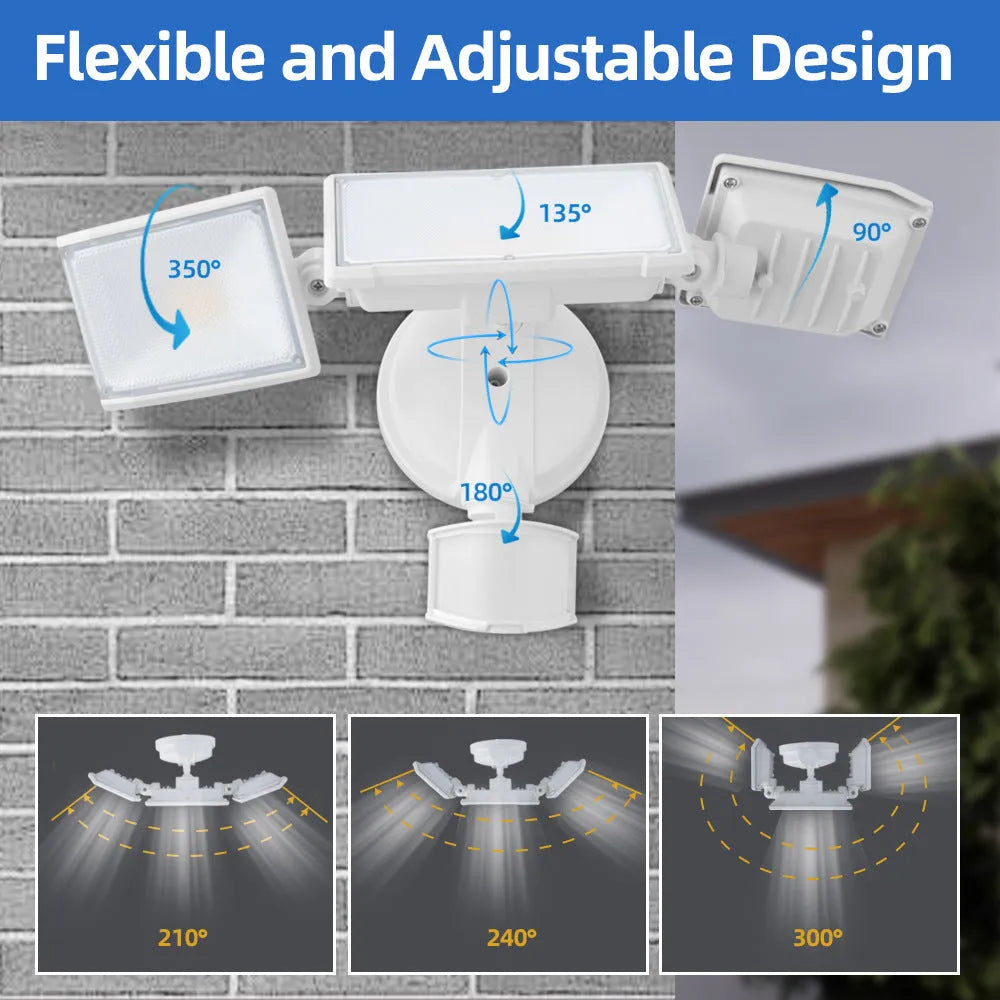 White LED security flood light with motion sensor mounted on an outdoor wall.