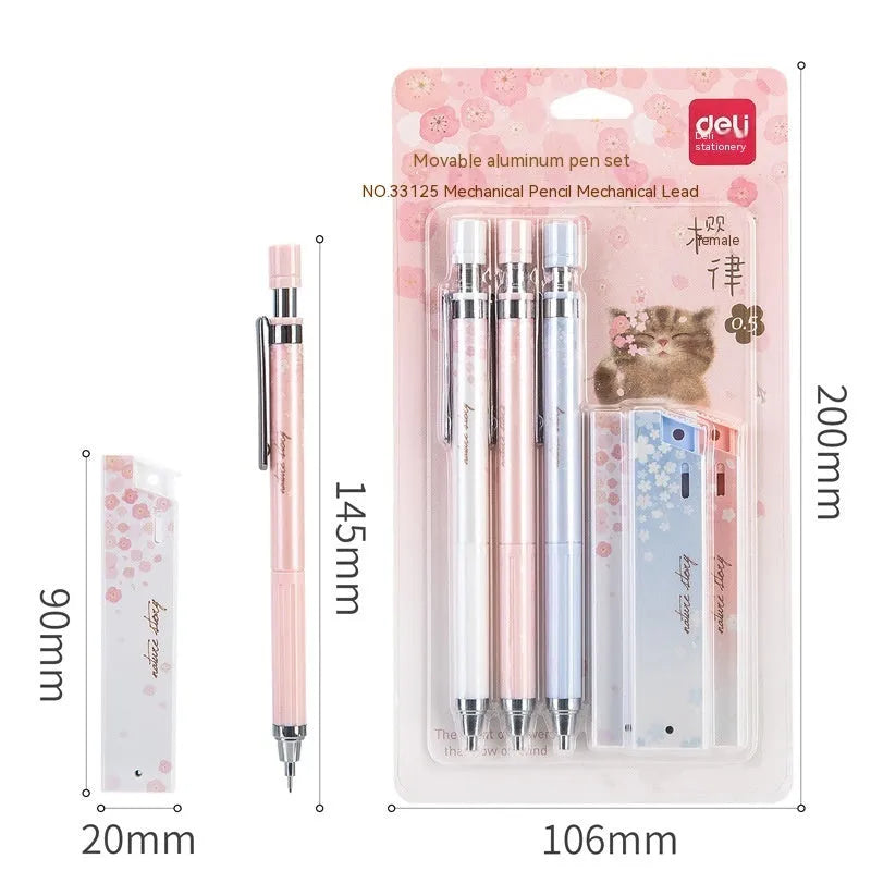 Cartoon automatic pencil set with three 0.5mm pens and HB refill boxes