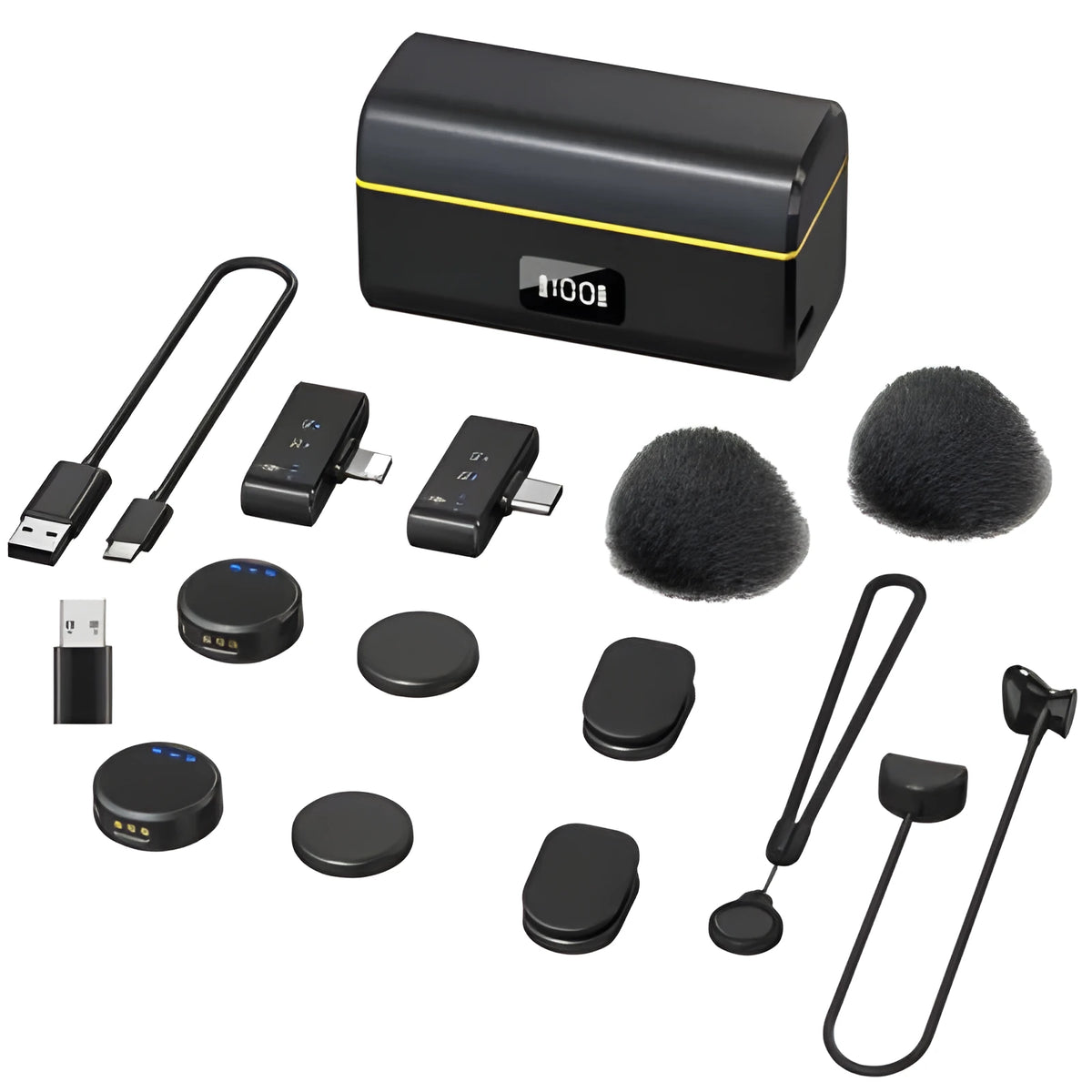 M9 wired monitoring earphone with TPU cable, ABS housing, and included adapters on a surface