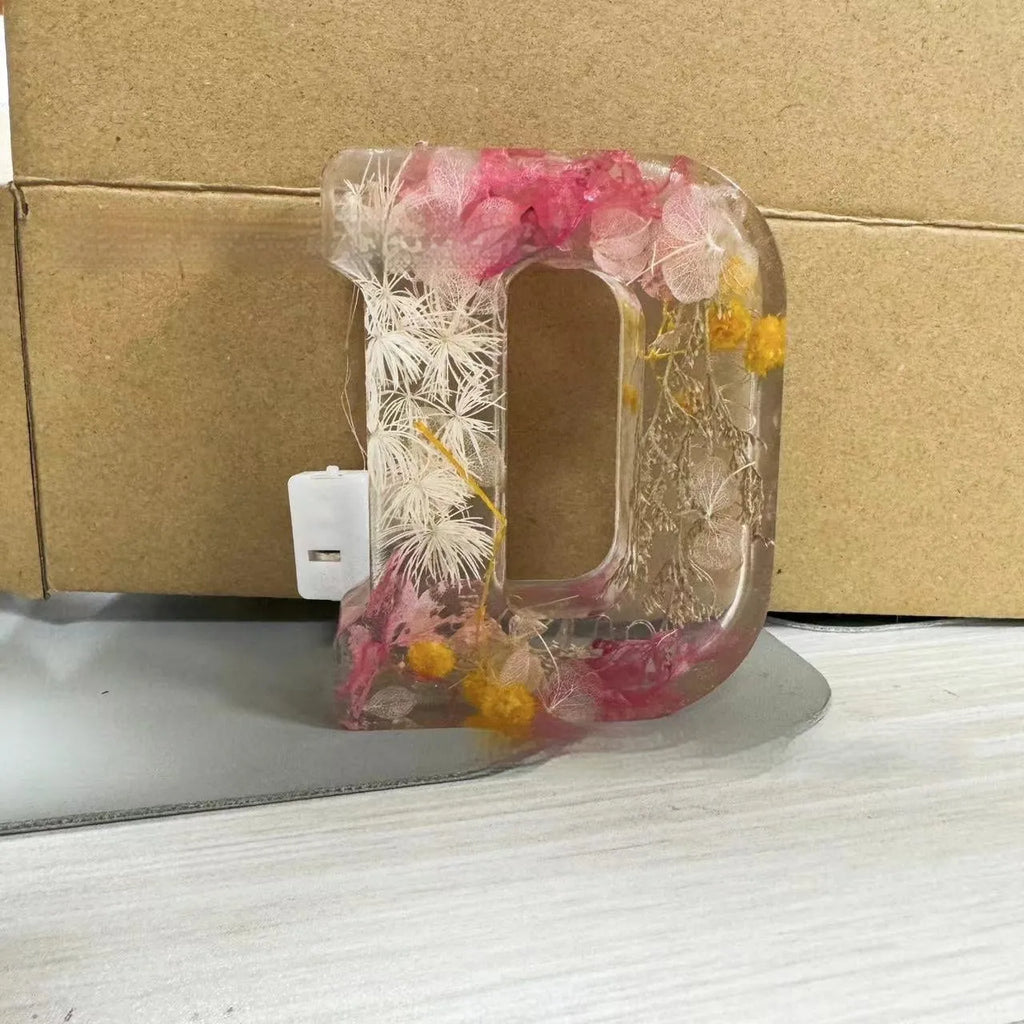 Letter Flower transparent resin night light ornament, 15cm square, personalised with a letter of your choice
