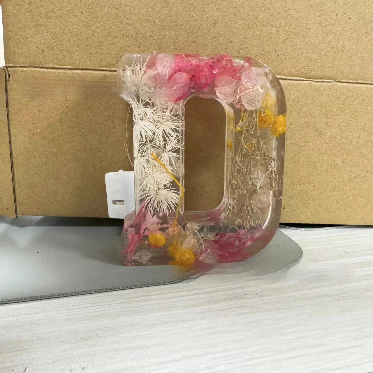 Letter Flower transparent resin night light ornament, 15cm square, personalised with a letter of your choice