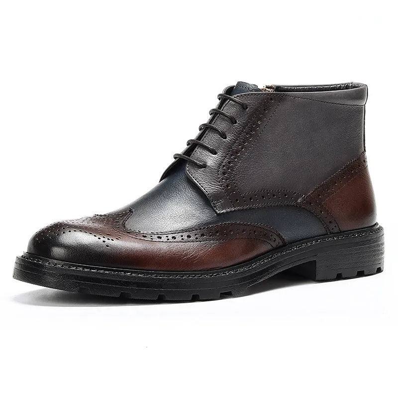Mens brown and blue colour block brogue ankle boots with leather upper and low heel