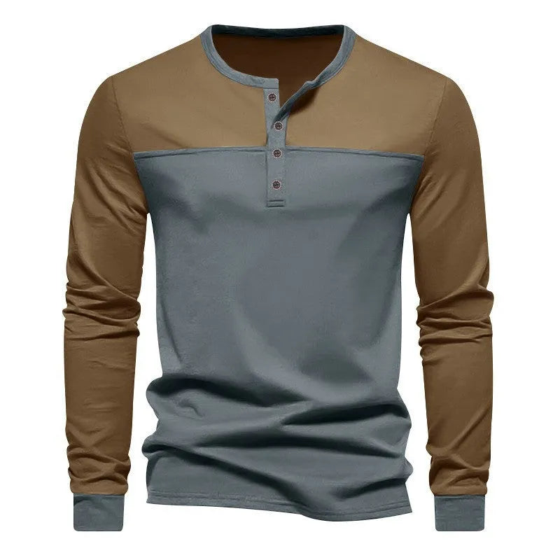 Men's solid colour Henry collar long sleeve casual shirt in beaded twill fabric