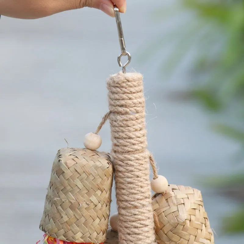 Colourful shredded paper parrot chewing toy with wood and sisal rope construction