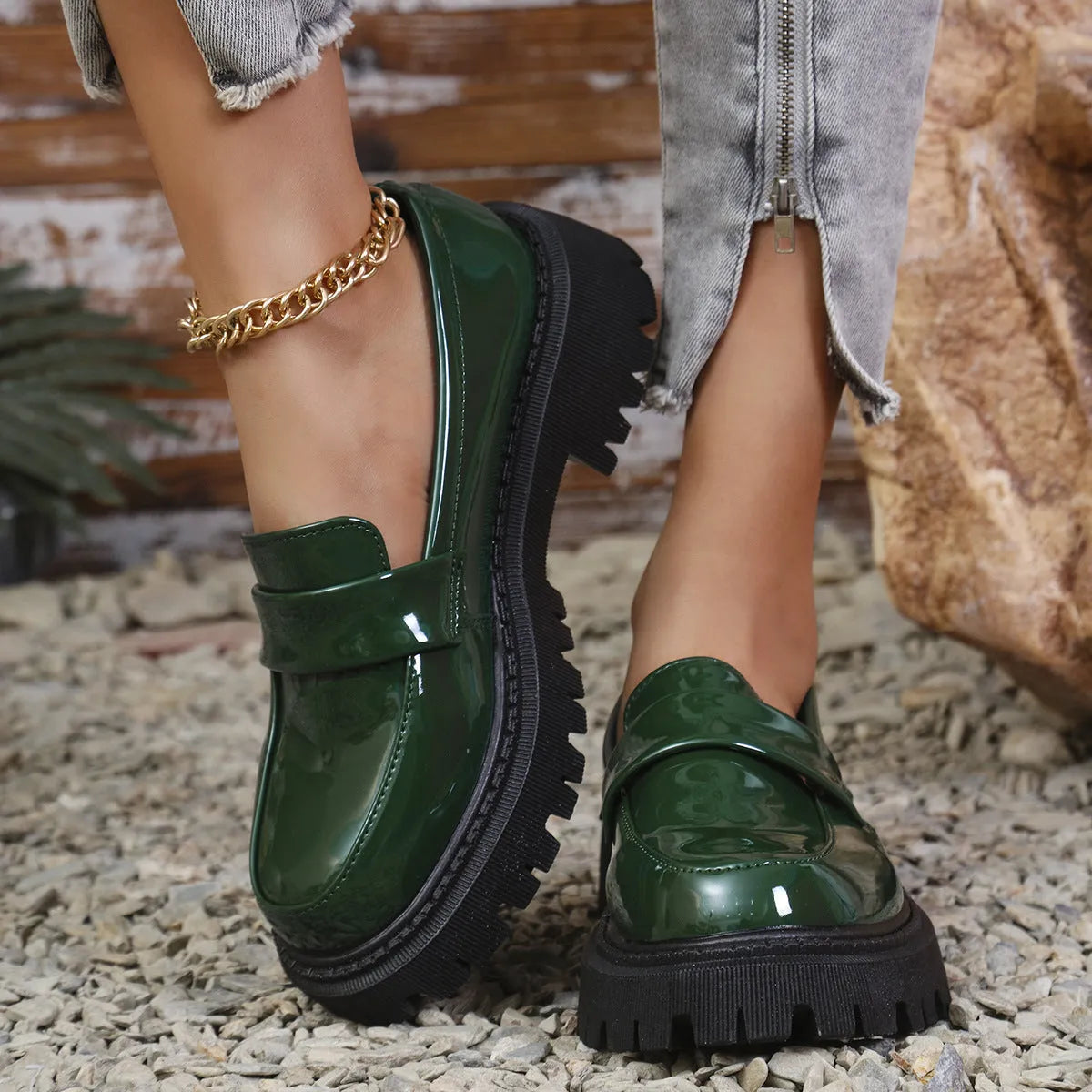 Plus size women's slip-on loafers with chunky platform heel in black, wine red, or green options