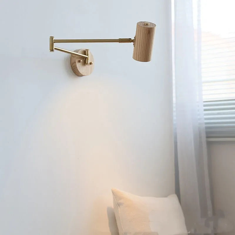 Retro walnut wood wall lamp with rotating spotlight and long arm extension