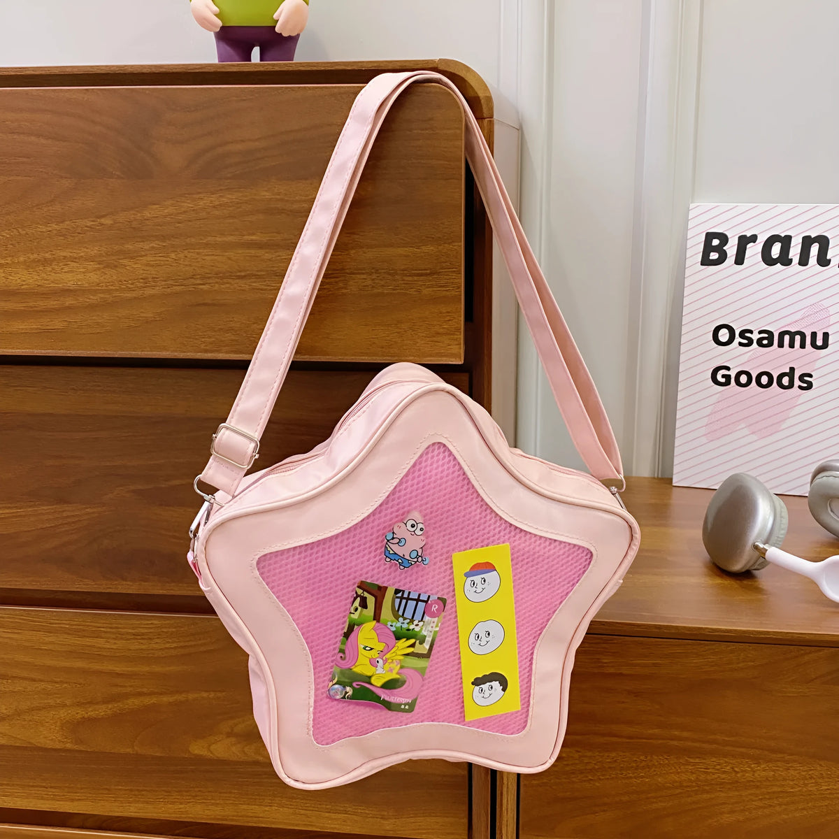 Large capacity nylon shoulder bag with transparent sandwich pocket and contrast colour detailing in fresh sweet style
