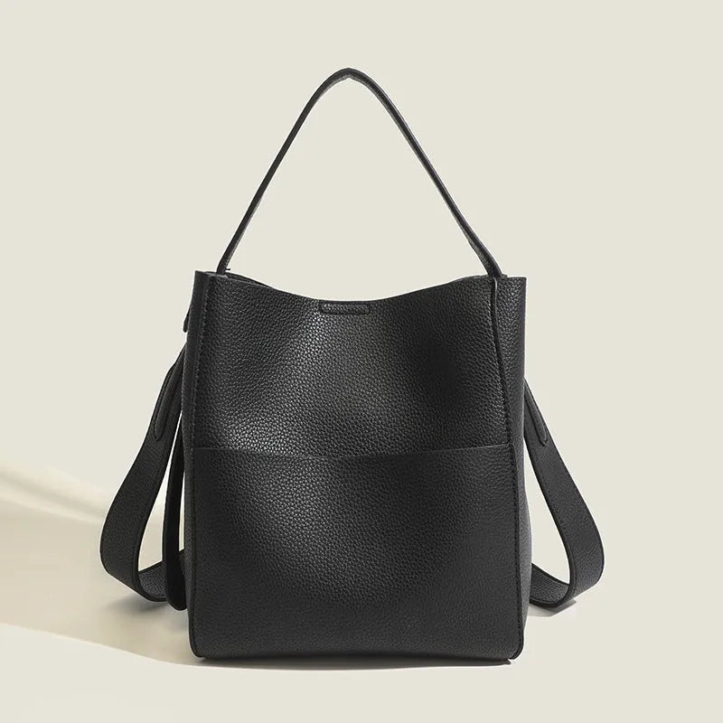 Soft PU bucket messenger bag in elephant gray with sewing line detailing and single shoulder strap