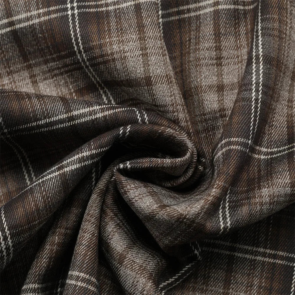 Men's black and brown plaid short sleeve shirt with embroidered lettering and lapel collar