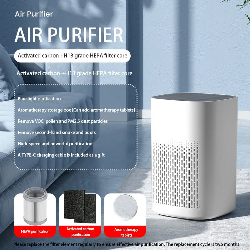 Simple style desktop air purifier with USB power port on a wooden desk.