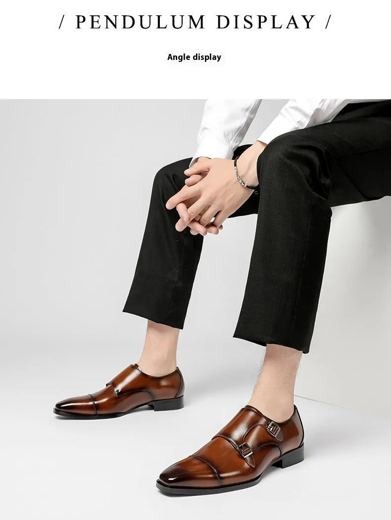 Men's black and light brown square toe leather shoes with rubber sole for business wear.