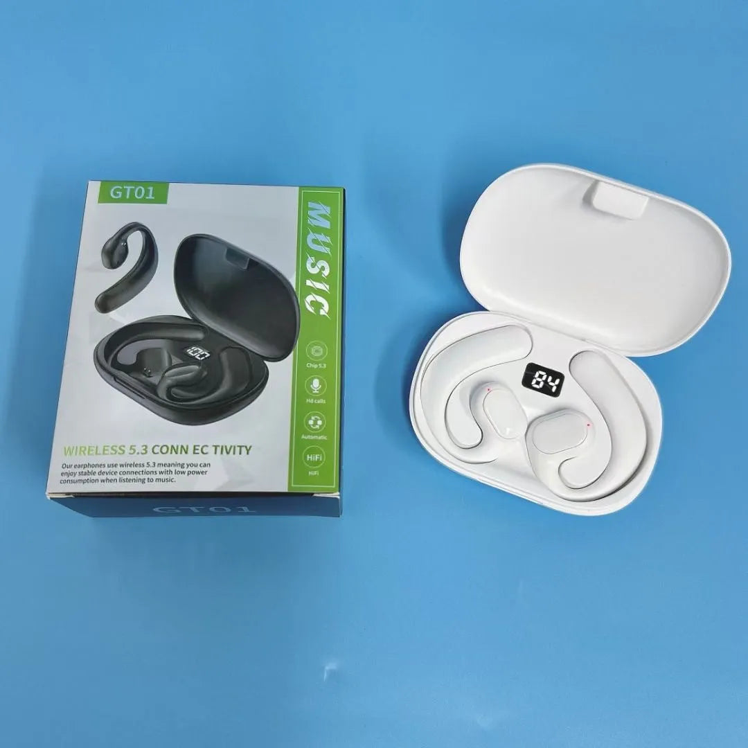 Black and white ear-mounted Bluetooth headset with a digital display screen on the side.