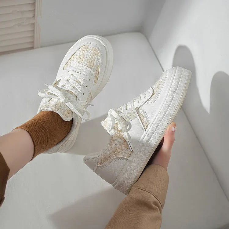 Beige plaid platform leisure sports board shoes with round toe and rubber sole