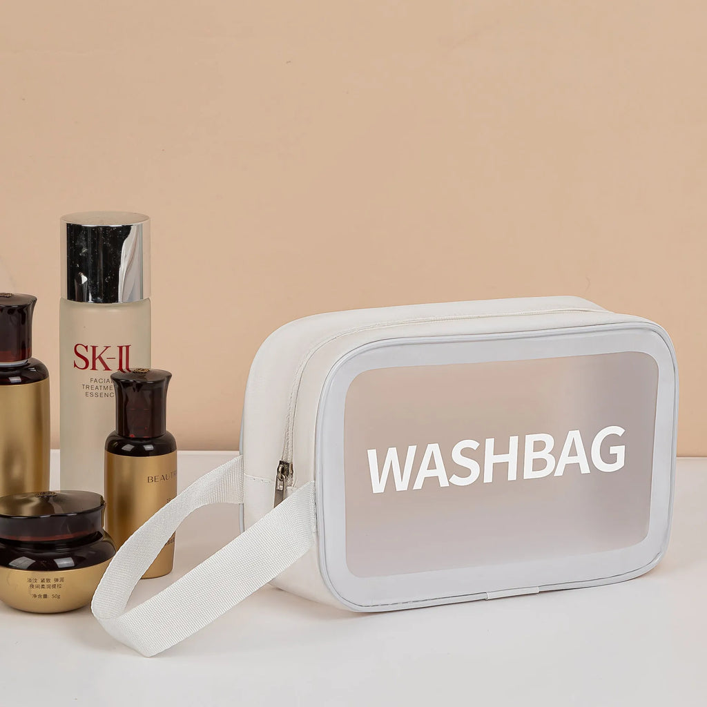 Large PVC transparent cosmetic bag set of three wash bags in beige and black