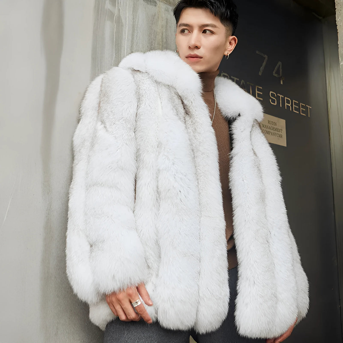 Men's fox fur winter jacket in silver beige with lapel collar, shown in size M to 3XL