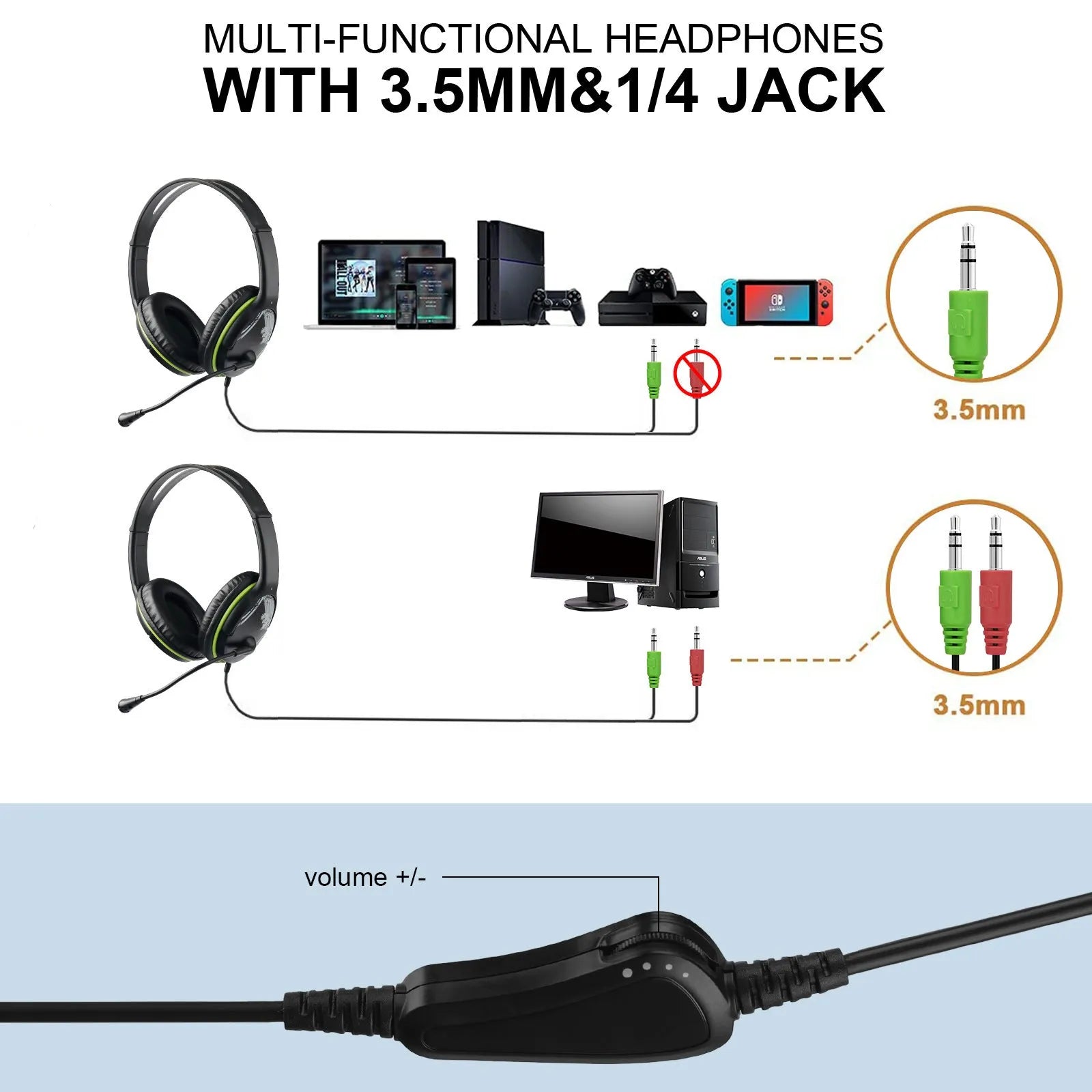 Black wired over-ear headset with headband, PU earmuffs, and 3.5mm plug for PC computer use