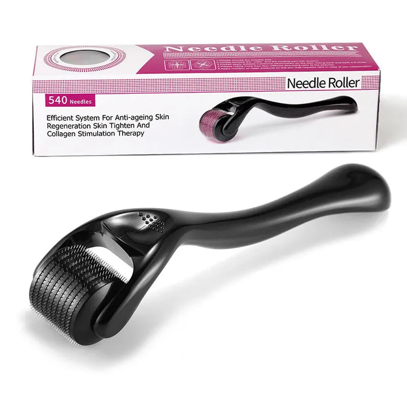 Black and purple derma rollers with titanium microneedles for facial skin and scalp treatment